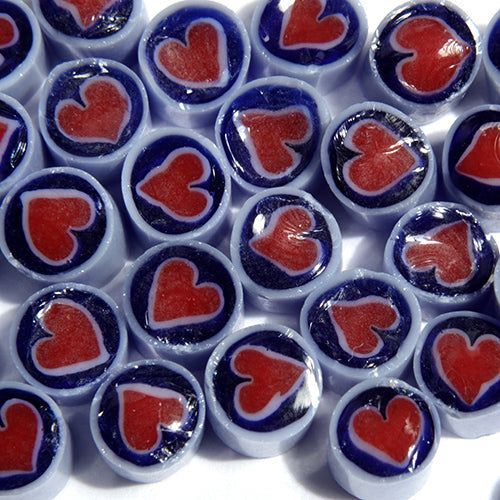 White and Blue with red heart Millefiori Effetre Glass