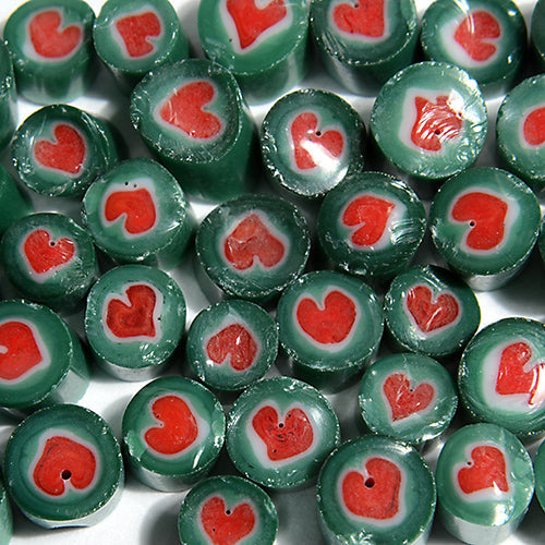 Sage Green with red heart Millefiori Effetre Glass